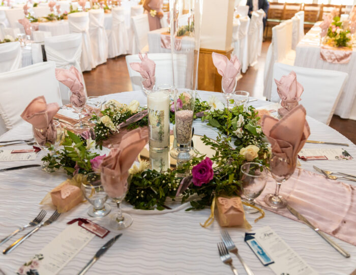 Beautiful Wedding table. Flowers and cutlery image.