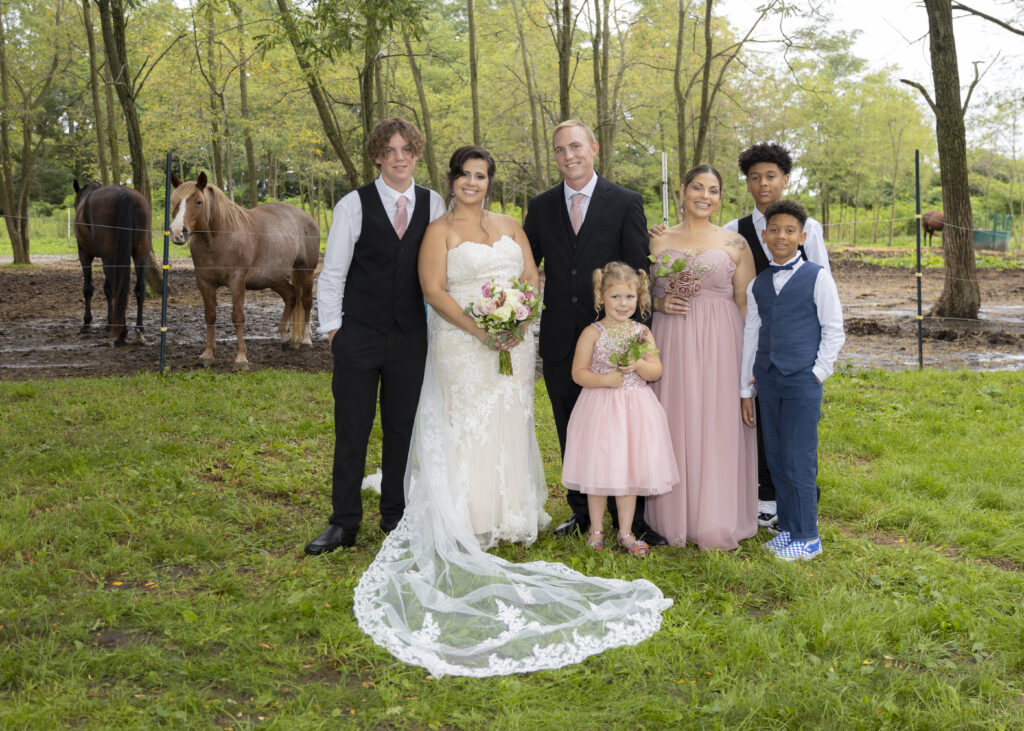 Beautiful Wedding image of Bride and Groom in open field with horses.